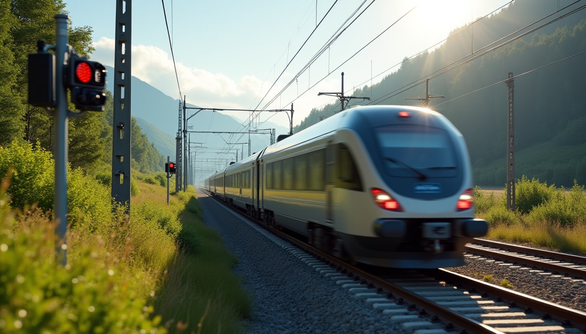 Recreación de un tren de FEVE moderno con nueva señalización tecnológica.